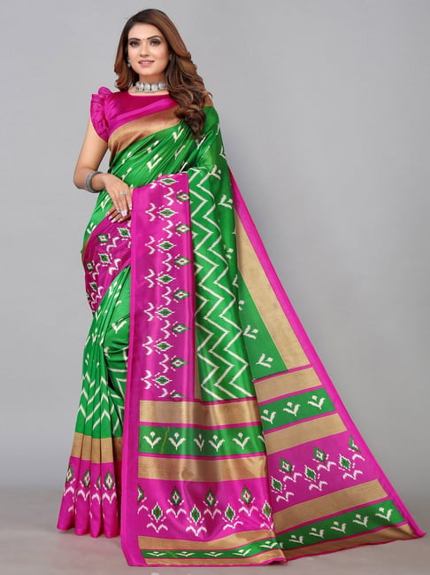 Satrani Green Printed Saree With Unstitched Blouse Price in India