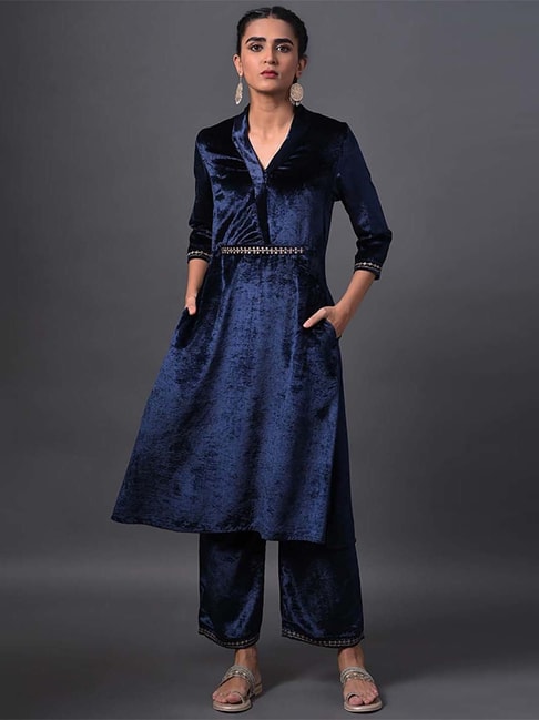 W Navy Blue Velvet Kurta with Embroidered Belt and Straight Pants Price in India
