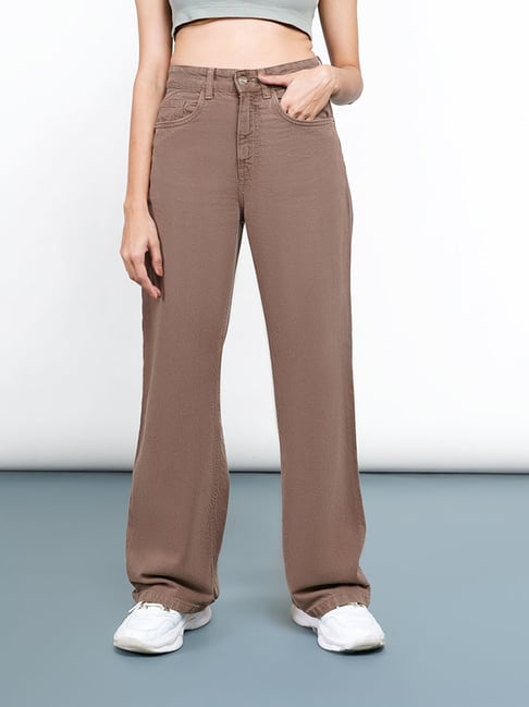 FREAKINS Brown Cotton Straight Fit High Rise Jeans