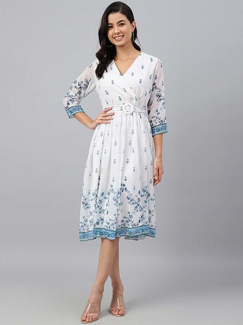 Janasya White Printed A-Line Dress Price in India