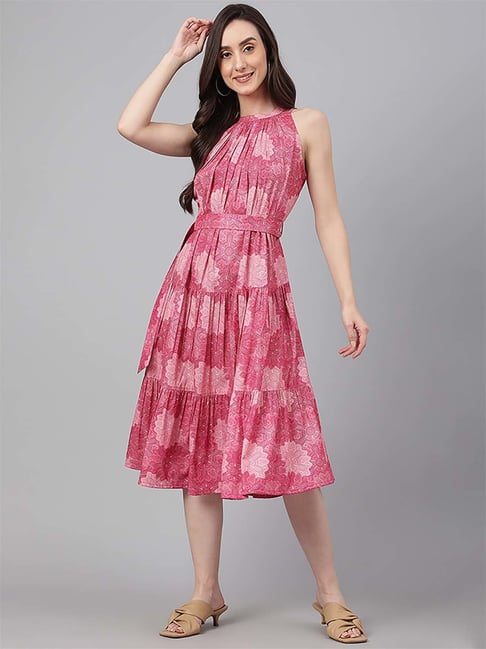 Janasya Pink Printed A-Line Dress Price in India
