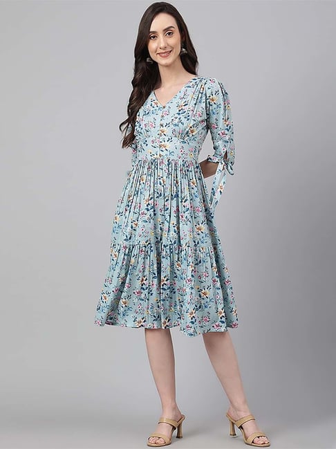 Janasya Blue Printed A-Line Dress Price in India