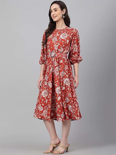 Janasya Rust Printed A-Line Dress Price in India