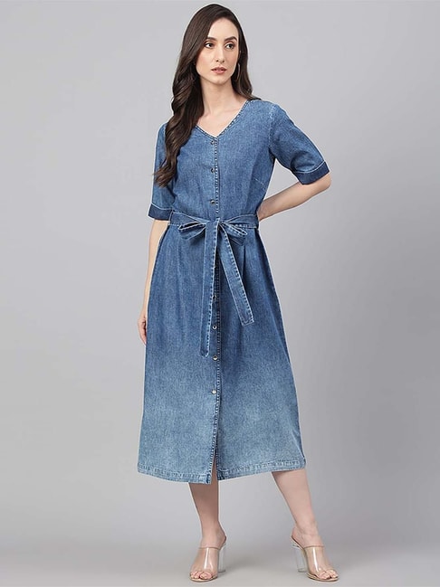 Janasya Blue A-Line Dress Price in India