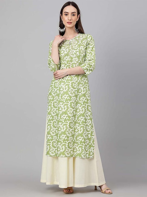 Janasya Green Cotton Embroidered Straight Kurta Price in India