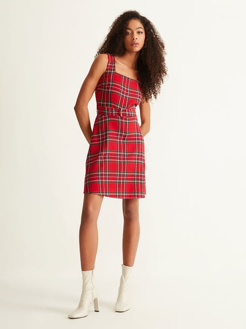 Cover Story Red Cotton Checks A Line Dress Price in India