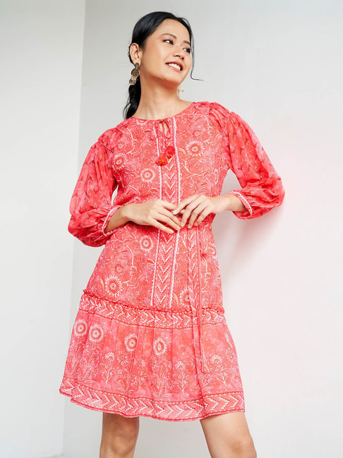 Global Desi Pink Floral Print A Line Dress Price in India