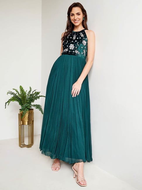 AND Green Embellished Fit & Flare Dress Price in India