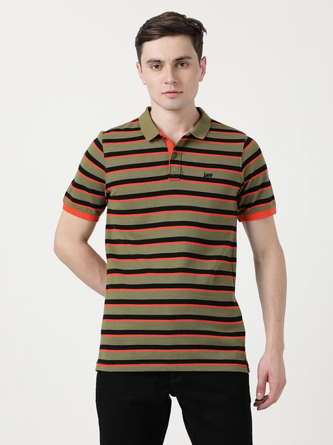 Lee Olive Cotton Slim Fit Striped Polo T-Shirt