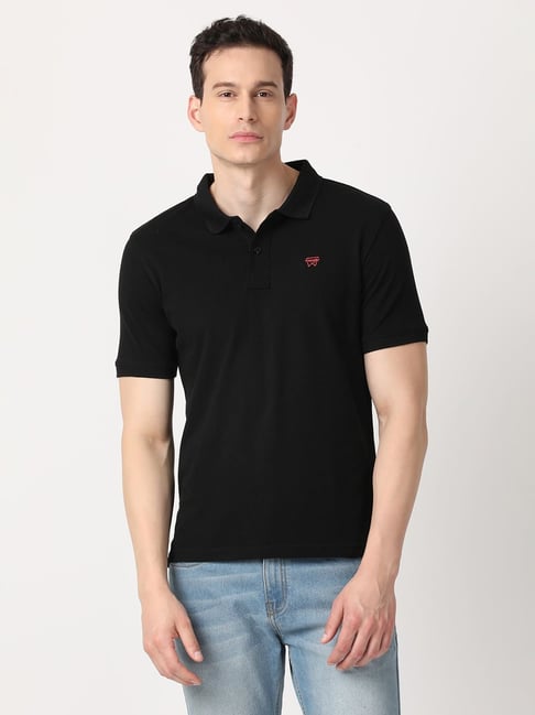 Wrangler Black Cotton Regular Fit Polo T-Shirt