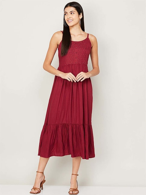 Code by Lifestyle Maroon Self Pattern A-Line Dress Price in India