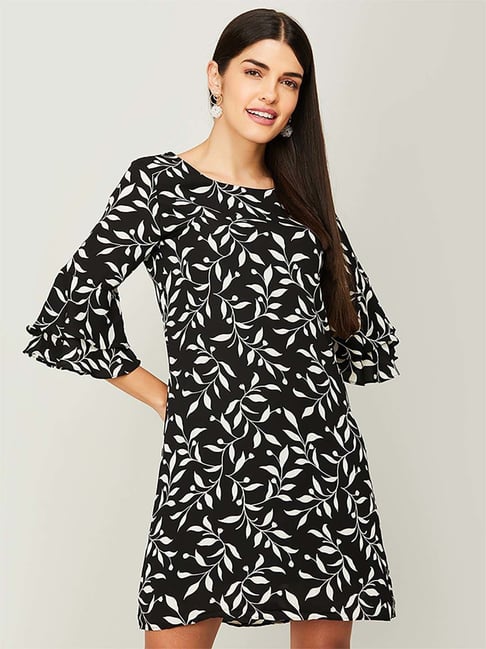 Code by Lifestyle Black Printed A-Line Dress Price in India