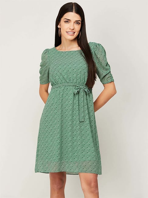 Code by Lifestyle Green Printed A-Line Dress Price in India