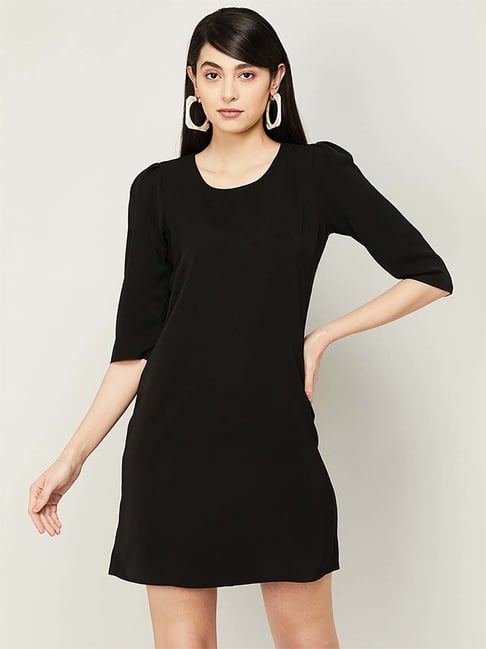 Black Three Quarter Sleeve A Line Dress