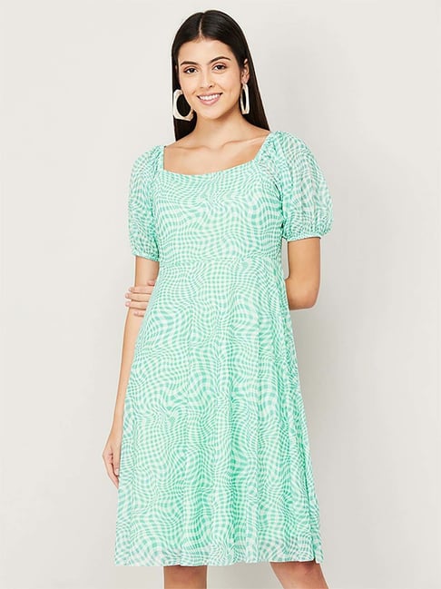 Code by Lifestyle Green Printed A-Line Dress Price in India