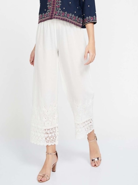 High Waisted Cream Wide Leg Palazzo Trousers White | Lily Lulu Fashion