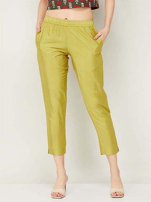 Lime Green Rayon Asymmetric Kurta Pant 2 Piece Set; Combines Kurta, Regular  Pants