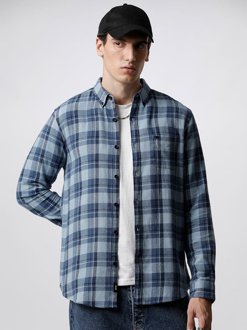 The Bear House Blue Cotton Slim Fit Check Shirt