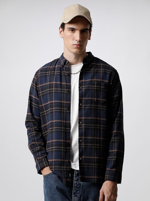 The Bear House Blue Cotton Slim Fit Check Shirt