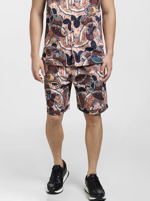 Jack Jones Brown Regular Fit Printed Cotton Shorts