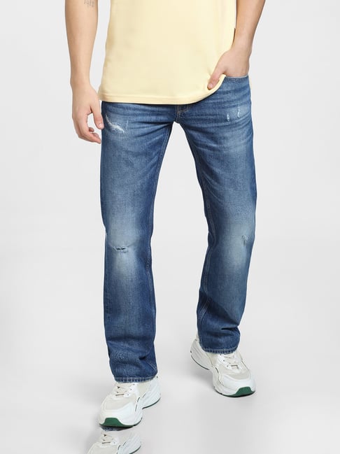 Jack & Jones Dark Blue Regular Fit Low Rise Distressed Jeans