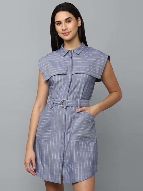 Allen Solly Blue Cotton Striped A-Line Dress Price in India