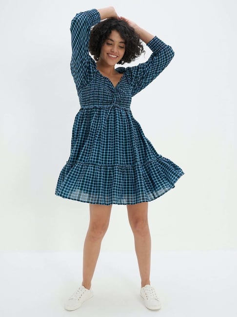 American Eagle Outfitters Blue Cotton Chequered A-Line Dress Price in India