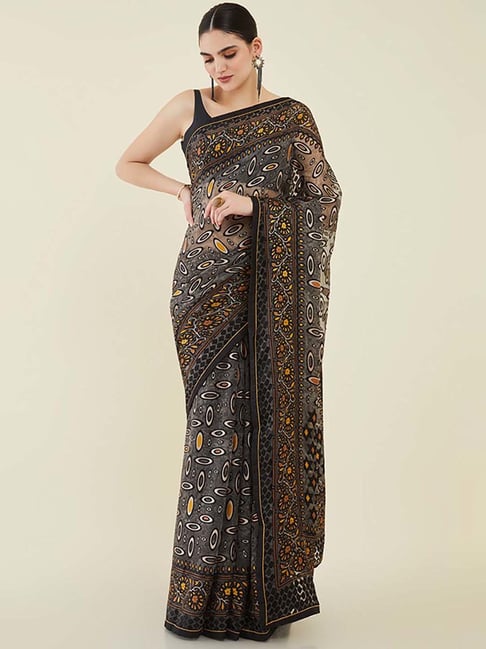 Soch Grey Printed Saree With Unstitched Blouse Price in India