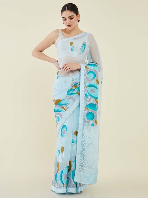 Soch Blue Printed Saree With Unstitched Blouse Price in India