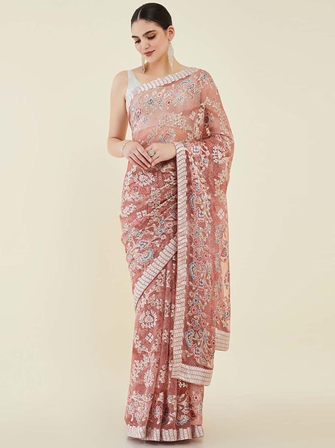 Soch Peach Printed Saree With Unstitched Blouse Price in India