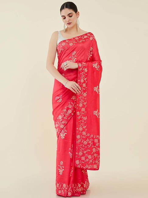 Soch Coral Silk Printed Saree With Unstitched Blouse Price in India