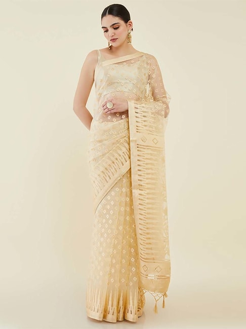 Soch Beige Woven Saree With Unstitched Blouse Price in India