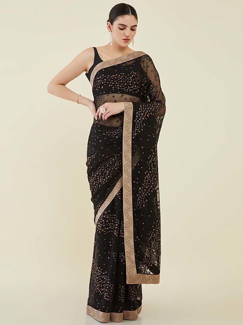 Soch Black Printed Saree With Unstitched Blouse Price in India