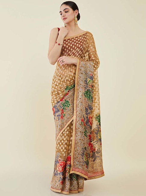 Soch Beige Printed Saree With Unstitched Blouse Price in India