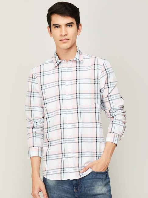 Fame Forever by Lifestyle Pink & Blue Cotton Slim Fit Checks Shirt