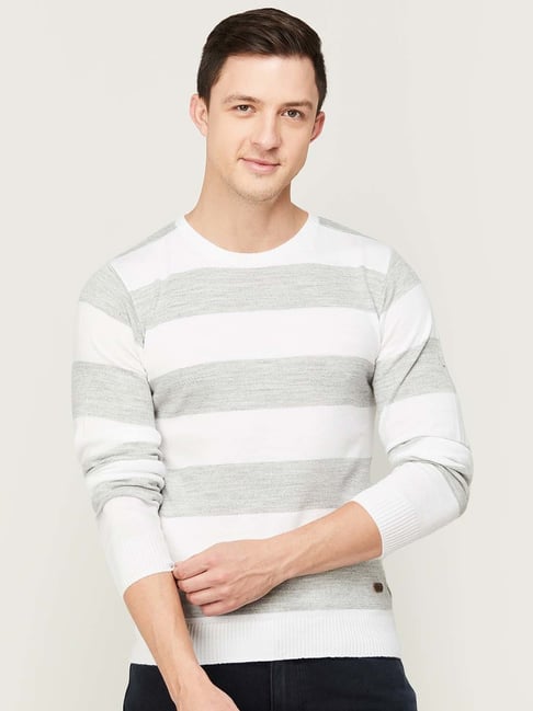 Fame Forever by Lifestyle Grey & White Regular Fit Striped Sweater