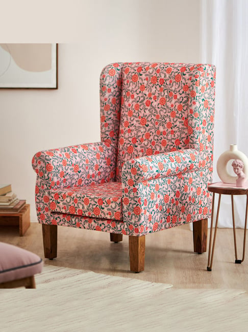 Buy Chumbak Earthy Floral Red Sheesham Wood Begum Wing Chair at