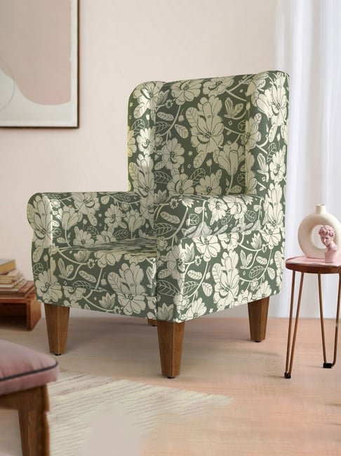 Chumbak Garden Floral Grey Sheesham Wood Begum Wing Chair