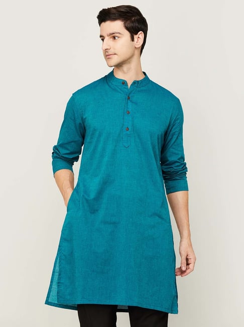 Melange by Lifestyle Emerald Blue Cotton Regular Fit Kurta