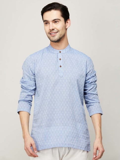 Melange by Lifestyle Blue Cotton Regular Fit Printed Short Kurta