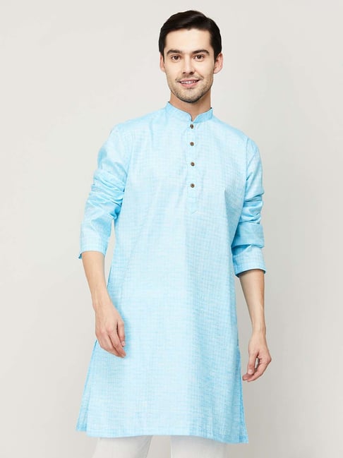 Melange by Lifestyle Aqua Blue Cotton Regular Fit Printed Kurta