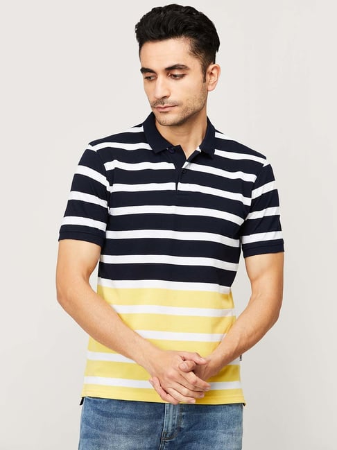 Fame Forever by Lifestyle Navy Blue & Yellow Regular Fit Striped Polo T-Shirt