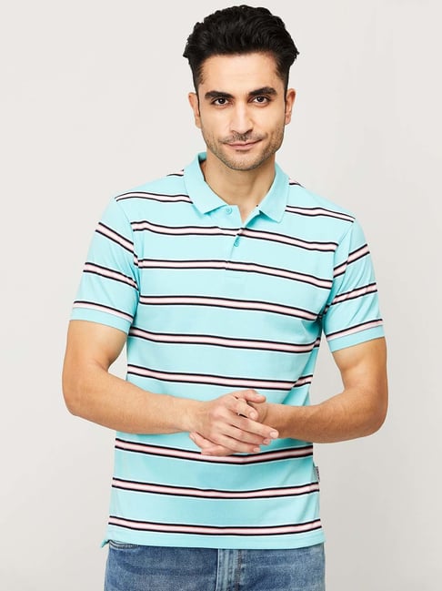 Fame Forever by Lifestyle Aqua Blue Regular Fit Striped Polo T-Shirt