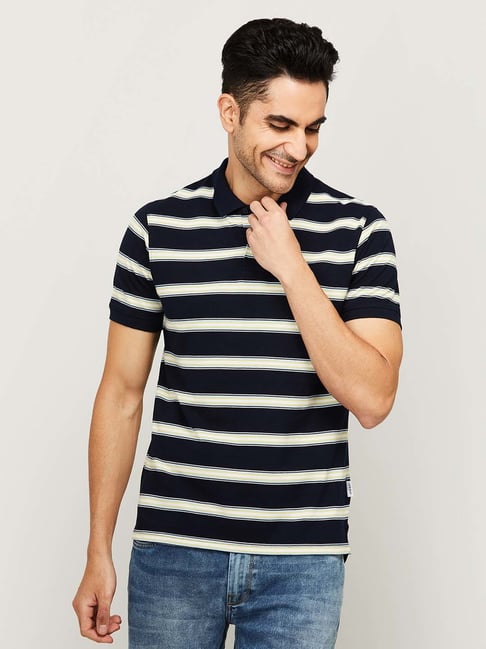 Fame Forever by Lifestyle Navy Blue & White Regular Fit Striped Polo T-Shirt