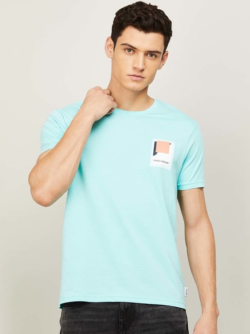 Fame Forever by Lifestyle Aqua Blue Cotton Regular Fit Printed T-Shirt