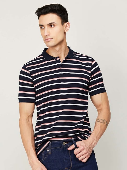 Fame Forever by Lifestyle Navy Blue Regular Fit Striped Polo T-Shirt