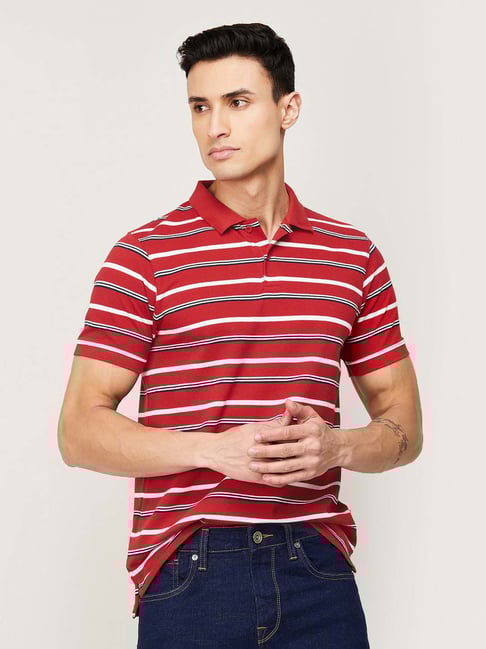 Buy Fame Forever by Lifestyle Red Regular Fit Striped Polo T-Shirt