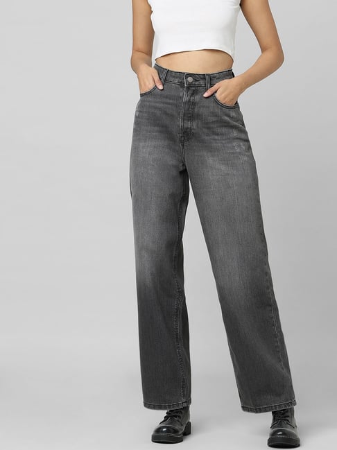 Only Grey Cotton Distressed Wide Leg High Rise Jeans