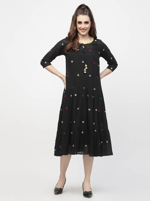 Terquois Black Cotton Polka Dot Print Midi Dress With Inner Slip Terquois Black Cotton Polka Dot Print Midi Dress With Inner Slip