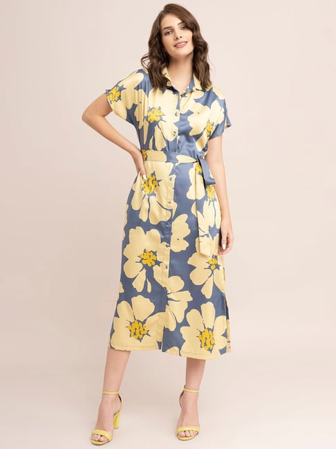 Buy Fablestreet Yellow Grey Floral Print Shirt Dress for Women's